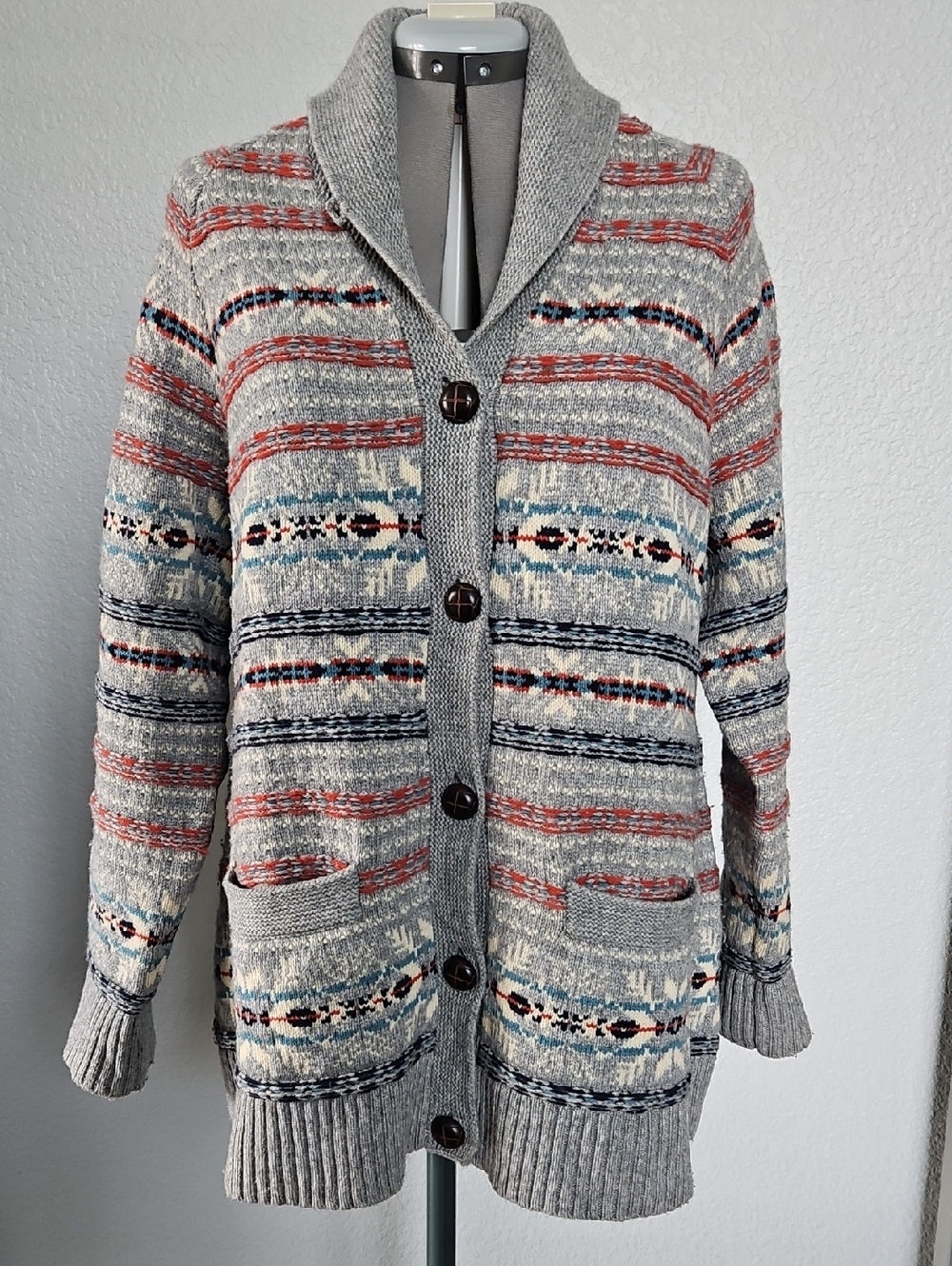 Woolrich Gray Shawl-Collar Knit Cardigan with Red and Blue Stripes